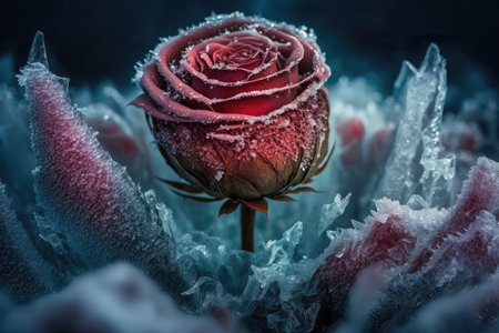 bouquet of beautiful red frozen rose surrounded by ice crystals, created with generative aiの素材