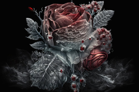 bouquet of beautiful red frozen rose surrounded by ice crystals, created with generative aiの素材