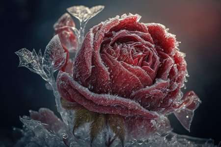 bouquet of beautiful red frozen rose surrounded by ice crystals, created with generative aiの素材
