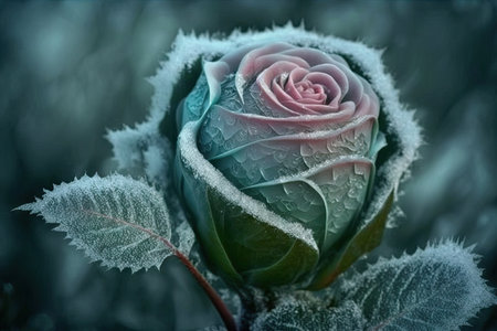 cuddling and embracing frozen rose amid green backdrop, created with generative aiの素材