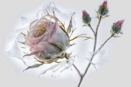 beautiful thin buds of pink frozen rose lying on transparent background, created with generative aiの素材