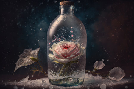 frozen rose with snowflakes on petals of flower in bottle on dark background, created with generative aiの素材