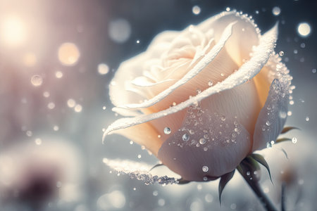 falling snow-white petals of ice rose on blurred background, created with generative aiの素材