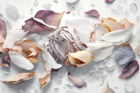white background and numerous beautiful frozen rose petals, created with generative aiの素材