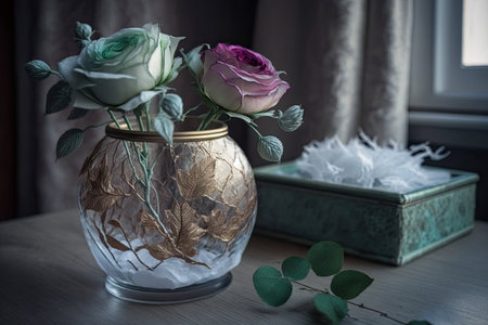 two frozen roses in beautiful container on table with vase, created with generative aiの素材