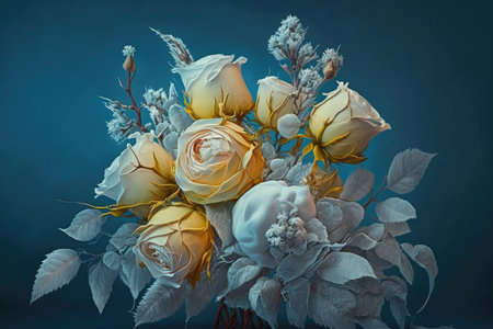 decorative bouquet of white yellow frozen rose on blue background, created with generative aiの素材