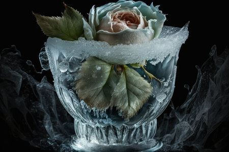 beautiful romantic ice-covered frozen rose in vase, created with generative aiの素材