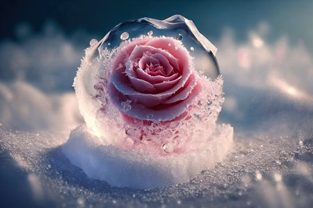 cute pink romantic rose flower in transparent ice crystals background frozen rose, created with generative aiの素材