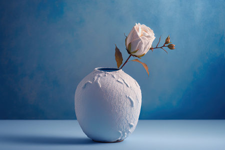 white vase with snow-covered bud of frozen rose on blue background, created with generative aiの素材