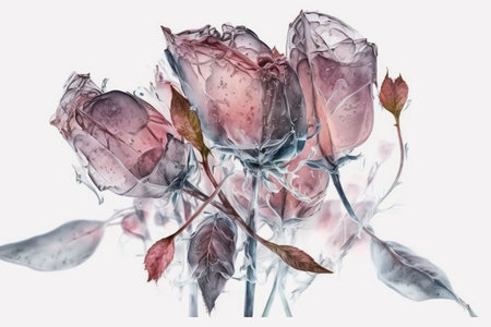 original bouquet of frozen rose with transparent petals isolated on white background, created with generative aiの素材