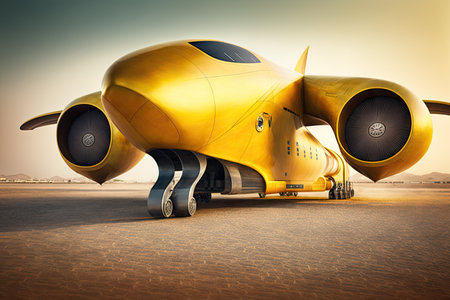 yellow futuristic cargo plane of future taxiing on runway, created with generative aiの素材