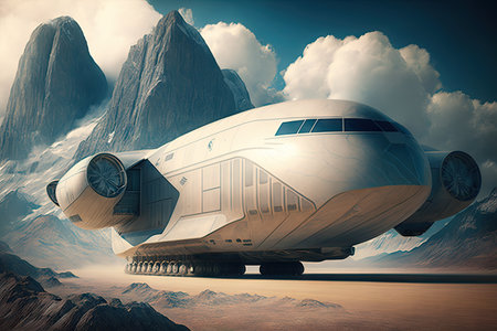 large futuristic cargo plane of future flying over mountains, created with generative aiの素材