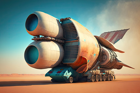 conceptual image of future cargo plane in form of rocket with engines, created with generative aiの素材