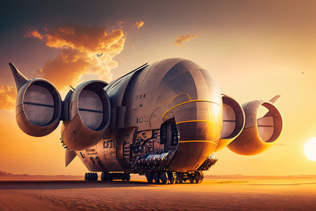futuristic cargo plane of future flying against background of setting sun, created with generative aiの素材