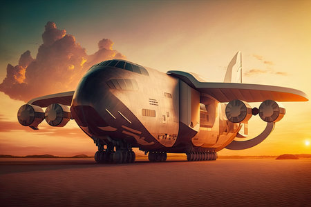 futuristic cargo plane of future flying against background of setting sun, created with generative aiの素材