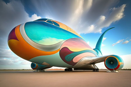 futuristic cargo plane of future in form of multicolored jet with large nose, created with generative aiの素材