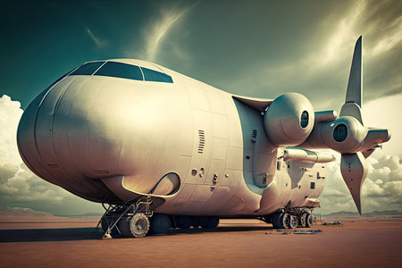 modern technologies and machines in form of futuristic cargo plane of future, created with generative aiの素材