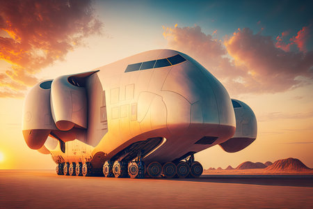 futuristic cargo plane of future stands on runway against setting sun, created with generative aiの素材