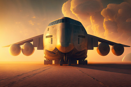 futuristic cargo plane of future stands on runway against setting sun, created with generative aiの素材