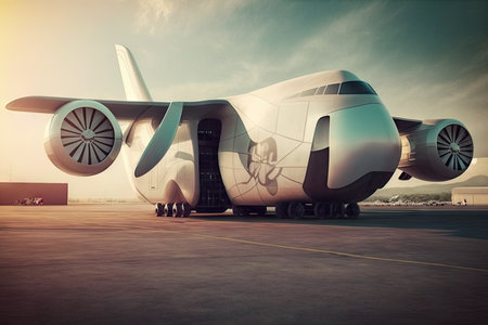 futuristic cargo plane of future with big wings and powerful engine, created with generative aiの素材