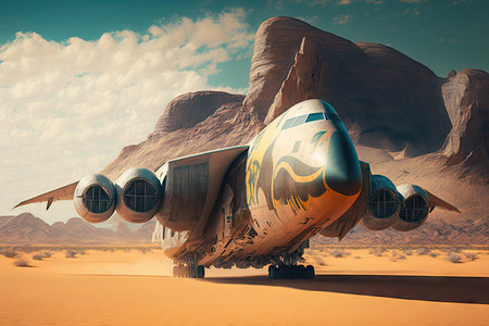 flying futuristic cargo plane of future over desert planet with mountain in background, created with generative aiの素材
