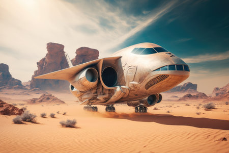 flying futuristic cargo plane of future over desert planet with mountain in background, created with generative aiの素材