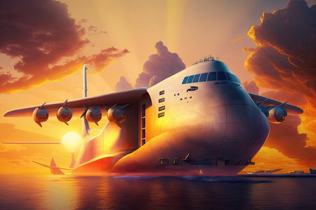 futuristic cargo plane of future flying over sea against backdrop of setting sun, created with generative aiの素材