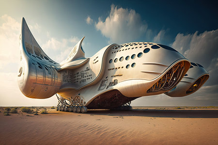 space ship with long wings in form of futuristic cargo plane of future, created with generative aiの素材