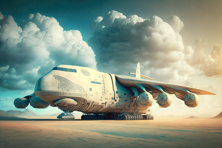futuristic cargo plane of future standing on runway above clouds, created with generative aiの素材
