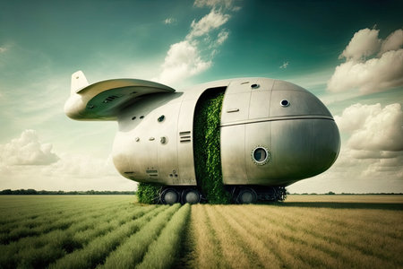 futuristic cargo plane of future flying over green field, created with generative aiの素材