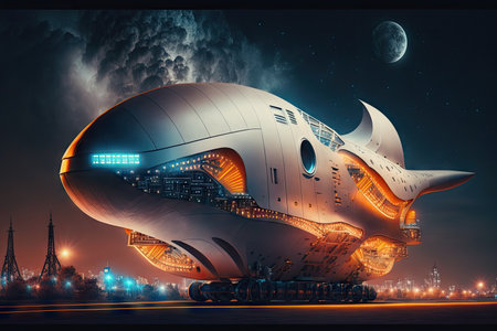 futuristic cargo plane of future against backdrop of illuminated night city, created with generative aiの素材
