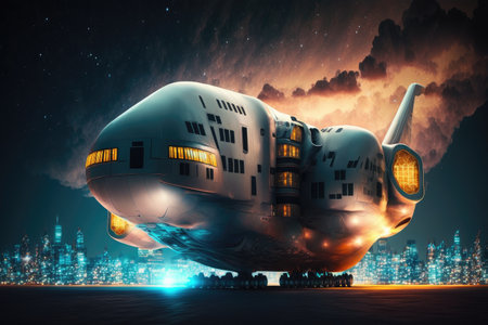 futuristic cargo plane of future against backdrop of illuminated night city, created with generative aiの素材