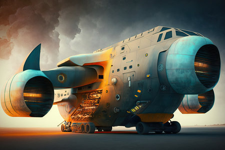 futuristic cargo plane of future equipped with powerful laser guns, created with generative aiの素材