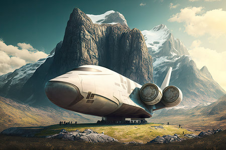 futuristic cargo plane of future on planet among mountains, created with generative aiの素材