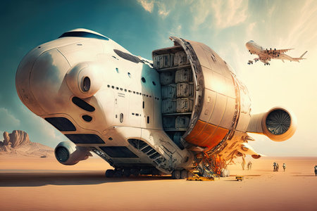 epic collision of robotic futuristic cargo plane of future in sky, created with generative aiの素材