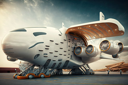 futuristic cargo plane of future similar to modern passenger airliner, created with generative aiの素材