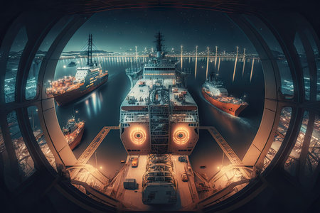 panoramic view of futuristic cargo port of future from top deck of ship at night, created with generative aiの素材