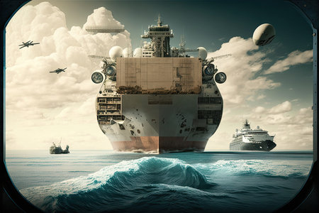 cargo ship sailing in direction of modern futuristic cargo port of future, created with generative aiの素材