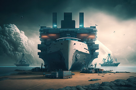 panoramic view of futuristic cargo port of future with ship standing in berth, created with generative aiの素材