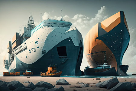 large sea vessels with containers at berth futuristic cargo port of future, created with generative aiの素材