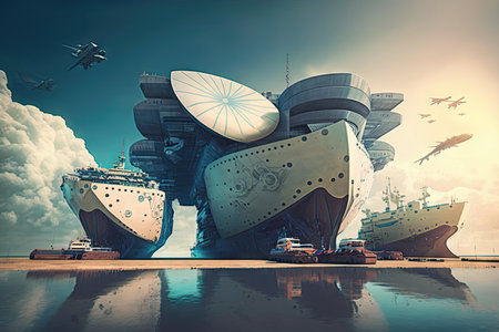 large sea vessels at berth of futuristic cargo port of future, created with generative aiの素材