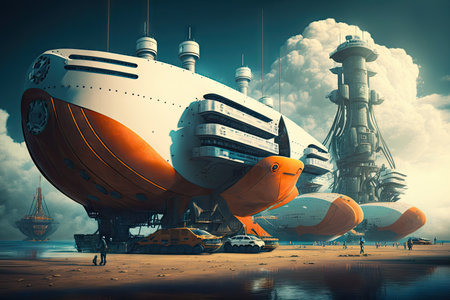 large sea vessels at berth of futuristic cargo port of future, created with generative aiの素材