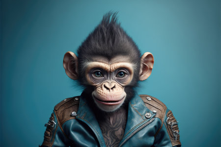 funny little monkey in leather jacket on blue background, created with generative aiの素材