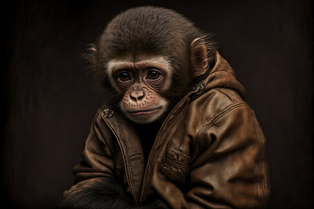 portrait of sad capuchin monkey in leather jacket, created with generative aiの素材