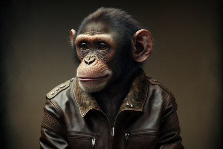 friendships and love monkey in leather jacket looking away, created with generative aiの素材