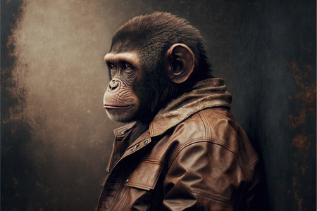 friendships and love monkey in leather jacket looking away, created with generative aiの素材