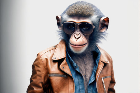 grey monkey in leather jacket with sunglasses isolated on white background, created with generative aiの素材