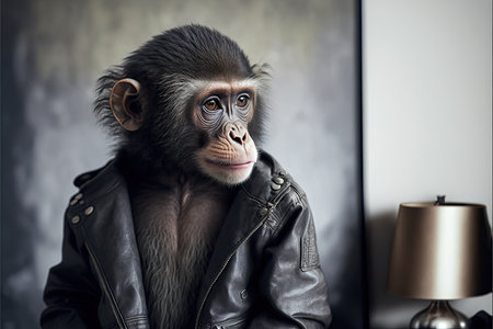 animal care grey monkey in leather jacket on light background, created with generative aiの素材