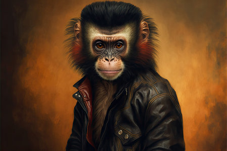 black red-tailed tropical monkey in leather jacket on brown background, created with generative aiの素材