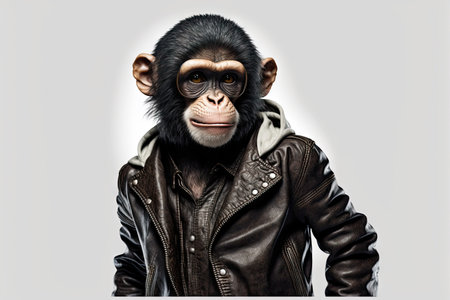 fashionable costume of monkey in leather jacket isolated on white background, created with generative aiの素材